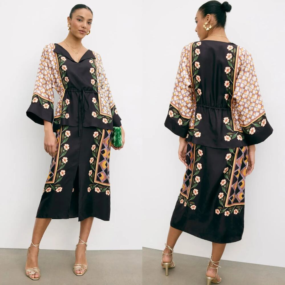 La DoubleJ Foulard Dress 100% Silk Floral  Long Sleeve Midi Blouson Black M